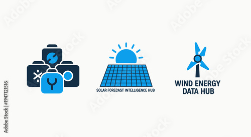 Renewable energy icons, battery storage, solar forecast, and wind energy data symbols for green technology, eco friendly