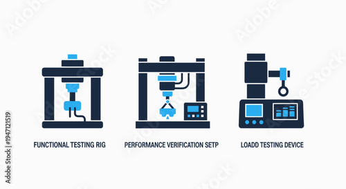 Three blue flat icons representing functional testing rig, performance verification, and load testing device for quality control, testing equipment, flat design