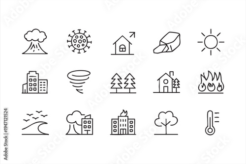 Climate Change and Natural Hazard Line Icons for Emergency Warning and Safety