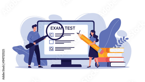 Educators using magnifying glass and giant pencil to review digital exam test on computer screen for assessment.