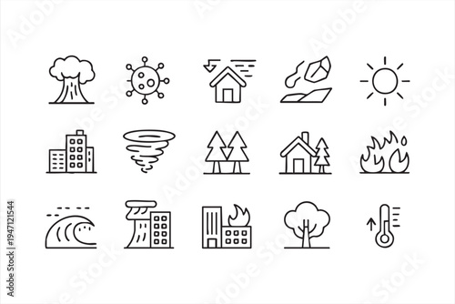 Weather and Environmental Disaster Outline Icons Featuring Tornado Wave Meteor and Fire