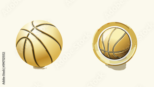 Golden basketballs on a light background, one a standard ball and the other a medal