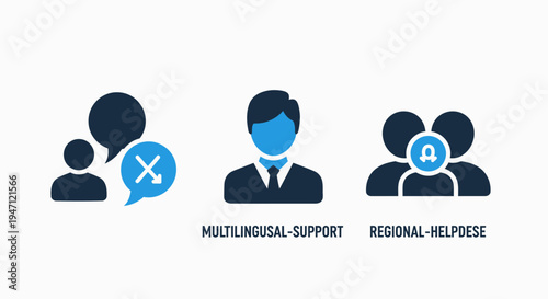 Set of three blue flat icons representing multilingual support, customer service, and regional helpdesk assistance, flat design, dark blue, white background