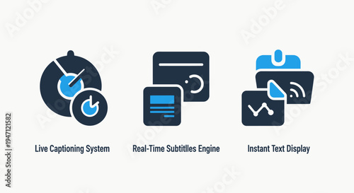 Digital accessibility icons: live captioning, real-time subtitles, instant text display