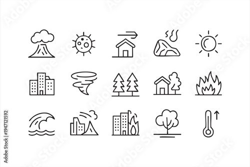 Minimal Natural Disaster Icon Collection with Tornado Volcano Flood and Wildfire