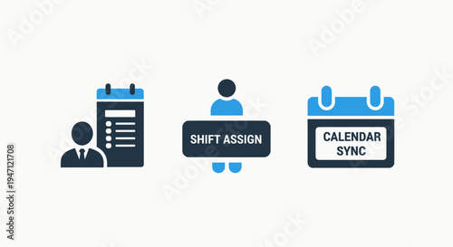 Workplace icons: calendar sync, shift assignment, person for scheduling and planning