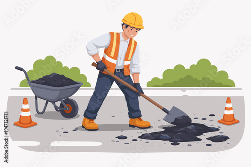 Construction worker in safety gear repairing a pothole on a city street with asphalt and a shovel, featuring a wheelbarrow and traffic cones, flat vector illustration for road maintenance work.