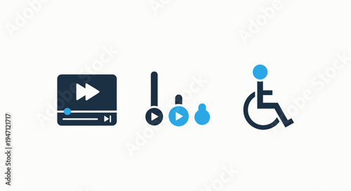 Accessibility and media icons: player, play button, wheelchair symbol for inclusive design