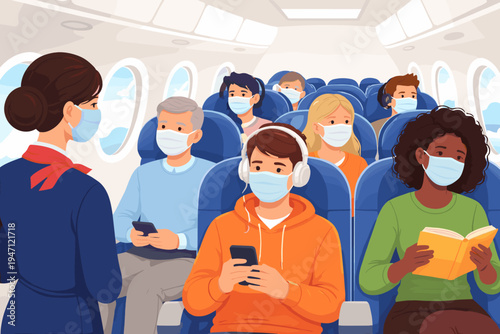 Diverse group of passengers and a flight attendant wearing protective face masks inside an airplane cabin during a flight, illustrating safety protocols and travel regulations during a pandemic.