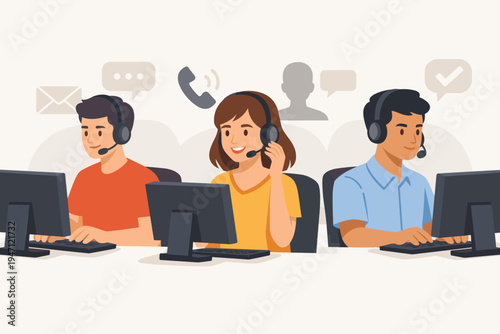 Professional customer service representatives and call center agents wearing headsets while working on computers. Team of support staff providing technical assistance and telemarketing services.