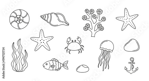 Ocean Creatures and Marine Elements Outline Icon Set on Isolated White Background