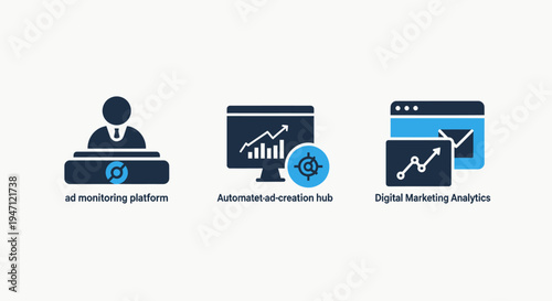 Digital marketing icons: ad monitoring, automation hub, analytics for online business growth, internet marketing, e commerce