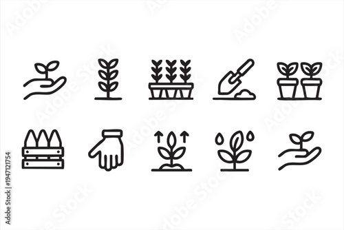 Gardening Plant Growth Line Icon Set with Seedling Shovel Pots and Garden Tools