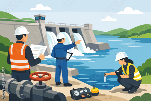 Professional engineers and technicians inspecting a large hydroelectric dam, monitoring water flow, taking samples, and reviewing blueprints for sustainable energy infrastructure maintenance.
