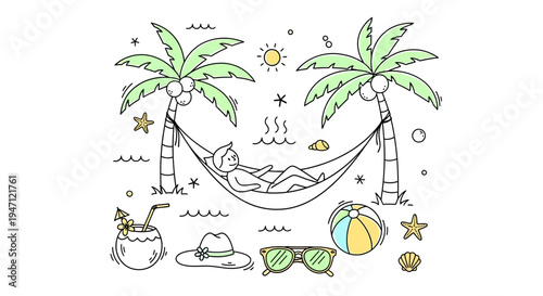 Happy Person Relaxing in Hammock Between Palm Trees on a Tropical Beach, Enjoying Summer Vacation on Isolated White Background