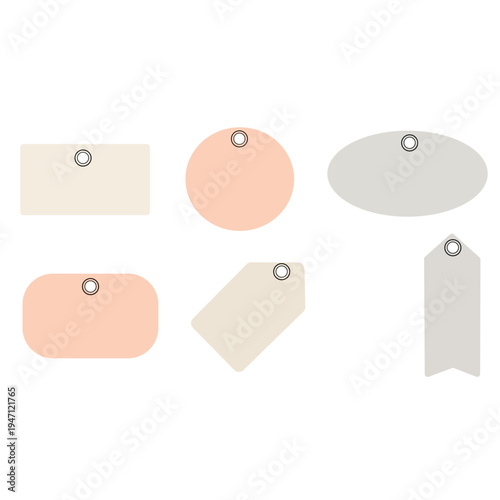 Set of minimal pastel price tag labels in different shapes with hole detail. Simple flat design isolated on white background, ideal for retail sales, product labels, branding and discount tags.