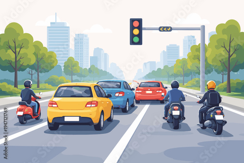 Flat vector illustration of cars and motorcycles waiting at a traffic light on a busy city street with skyscrapers and green trees. Urban transportation and commute concept with colorful vehicles.