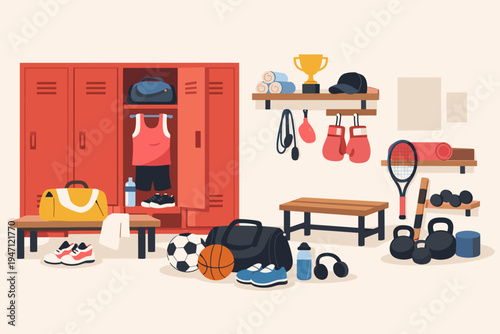 Flat Vector Illustration of a Sports Locker Room with Red Lockers, Gym Bags, Basketball, Soccer Ball, Sneakers, Boxing Gloves, Tennis Racket, Dumbbells, Kettlebells, Trophy, and Fitness Gear.