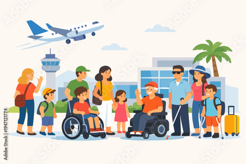Diverse families and people with disabilities traveling at the airport with an airplane taking off. Inclusive tourism featuring wheelchair users, blind person, and child with crutches for vacation.