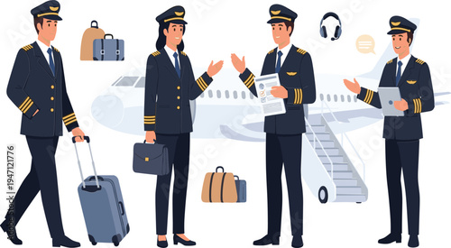 Airline Pilot and Female Pilot Characters with Luggage Documents Headset and Airplane Background Aviation Crew Vector Illustration Set