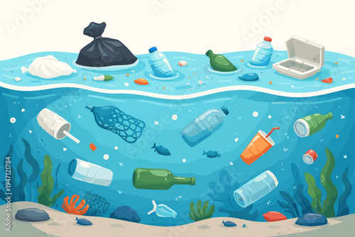 Environmental Pollution Vector Illustration of Plastic Bottles, Garbage Bags, and Waste Floating in the Ocean and Underwater, Highlighting Marine Conservation and Ecological Impact.