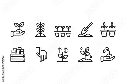 Home Gardening and Agriculture Line Icons Featuring Seedlings Soil and Cultivation