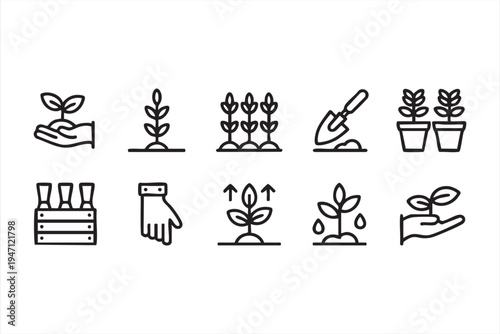 Garden and Plant Care Outline Icons Featuring Seedling Soil Shovel and Water Drops
