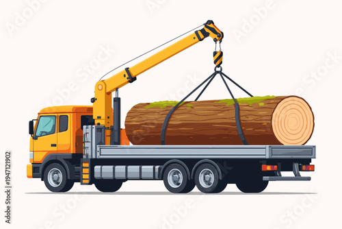 Orange logging truck with a hydraulic crane lifting a large tree trunk onto its flatbed, flat vector illustration of timber transportation, forestry industry, heavy machinery, and wood logistics.