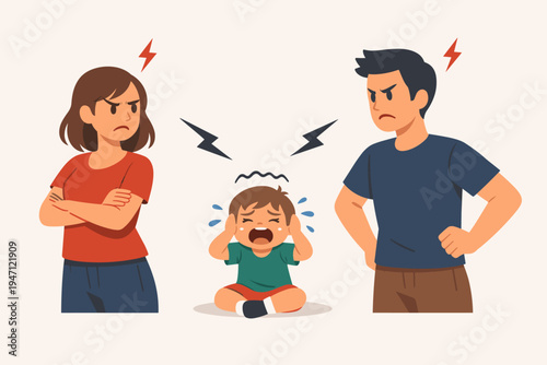 Vector Illustration of an Angry Couple Arguing and Fighting While Their Young Child Sits Between Them Crying and Covering His Ears, Depicting Family Conflict, Domestic Dispute, and Divorce.