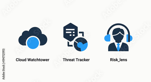 Security icons: cloud watchtower, threat tracker, and risk lens for cybersecurity and business protection