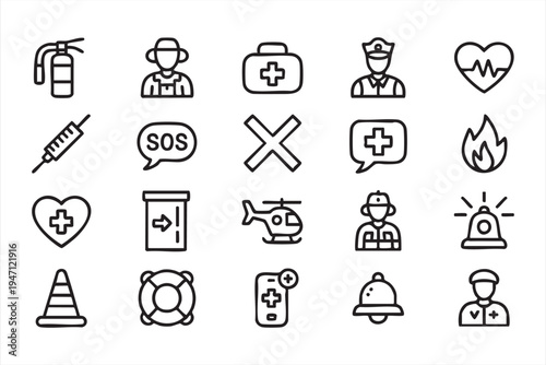 Medical Rescue and Emergency Line Icon Collection with Lifebuoy Firefighter and Heart Monitor