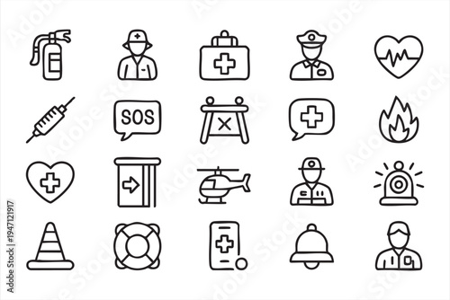Safety and Emergency Response Outline Icons Featuring First Aid Kit SOS Helicopter and Siren
