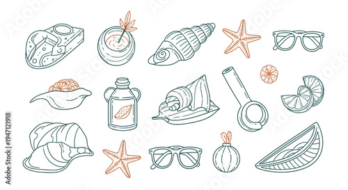 Summer Beach Accessories and Refreshing Drinks Doodle Collection on Isolated White Background, refreshing and relaxed mood