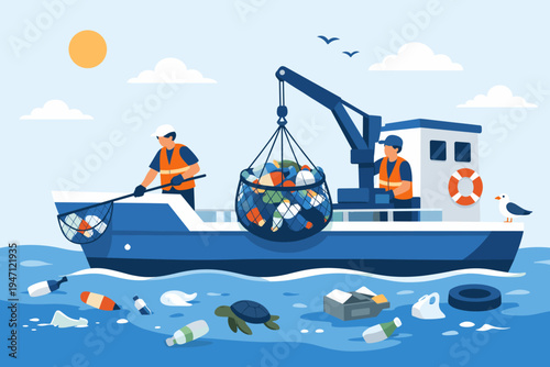 Workers on a boat collecting plastic garbage and waste from the sea using nets and crane, environmental cleanup concept for ocean pollution and marine conservation, flat vector illustration.