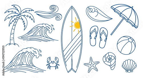 Beach Summer Holiday Doodles Set, Tropical Elements with Blue and Yellow Accents on Isolated White Background