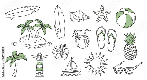 Outline beach and tropical summer vacation items set with green highlights, isolated white background
