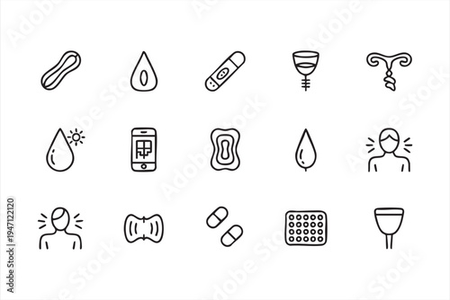 Women Reproductive Health Line Icons Featuring Menstrual Cup Period Tracking and Hygiene