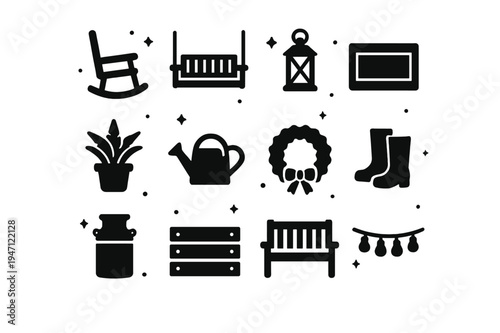 Farmhouse Porch Icons. Farmhouse Porch. Solid icons set of Farmhouse Porch: rocking chair, porch swing, lantern, welcome mat, potted fern, watering can,