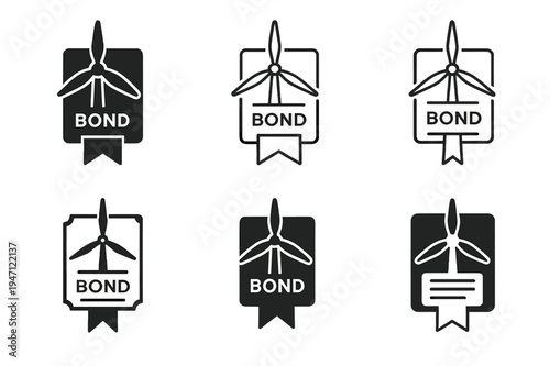Green Bonds Logos. Green bonds. Icon set. Set Logo of green bonds: wind turbine overlaying a ribboned bond. harmonious logo variations of the same emblematic