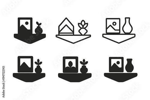 Budget Decor Icons. Home decor on a budget. Icon set. Set Logo of Home decor on a budget: minimalist floating shelf. harmonious logo variations of the same