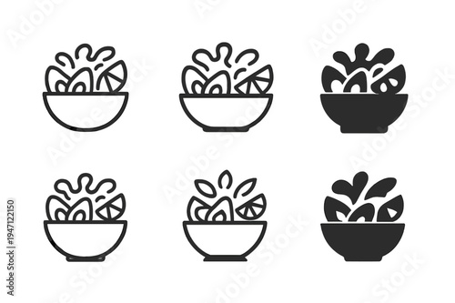 Salad Bowl Logos. Salad bowl. Icon set. Set Logo of salad bowl: salad bowl with avocado slices and lime. harmonious logo variations of the same emblematic