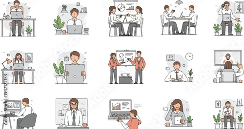 Diverse business scenarios with people working on laptops and at desks