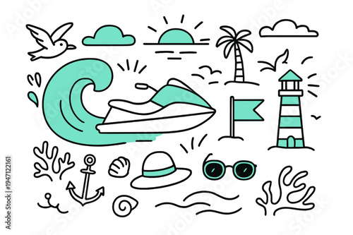 Ocean Adventure Doodle. // Ocean ride. Hand-drawn doodle illustration Ocean ride [jet ski (accented), rolling wave (accented), seagull, lighthouse (accented),