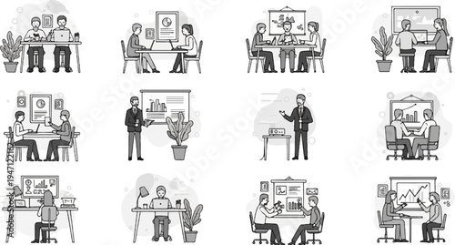 Diverse business scenes featuring people in meetings and at desks