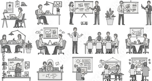 Diverse business settings with people collaborating at desks and during presentations