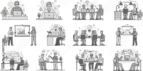 Diverse group of professionals collaborating and working individually in modern office settings