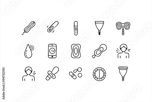 Menstrual Health Feminine Hygiene Line Icon Set with Tampon Pad Cup and Cycle Tracker