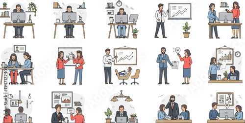 Diverse office scenes with people collaborating and working individually