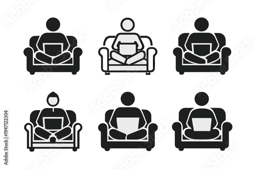 Remote Work Icons. Working with a laptop on the couch. Icon set. Set Logo of working with a laptop on the couch: remote worker sitting cross-legged with