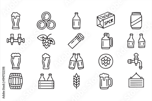 Beer Brewery Brewing Line Icon Set with Mug Hop Bottle Barrel and Tap